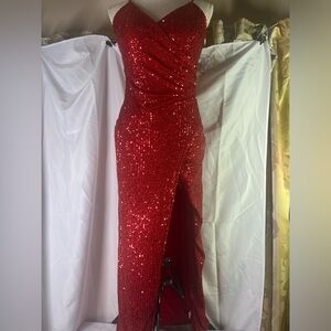 Honey and Rosie Women's Red Glitter Front Slit Long Dress Size M.